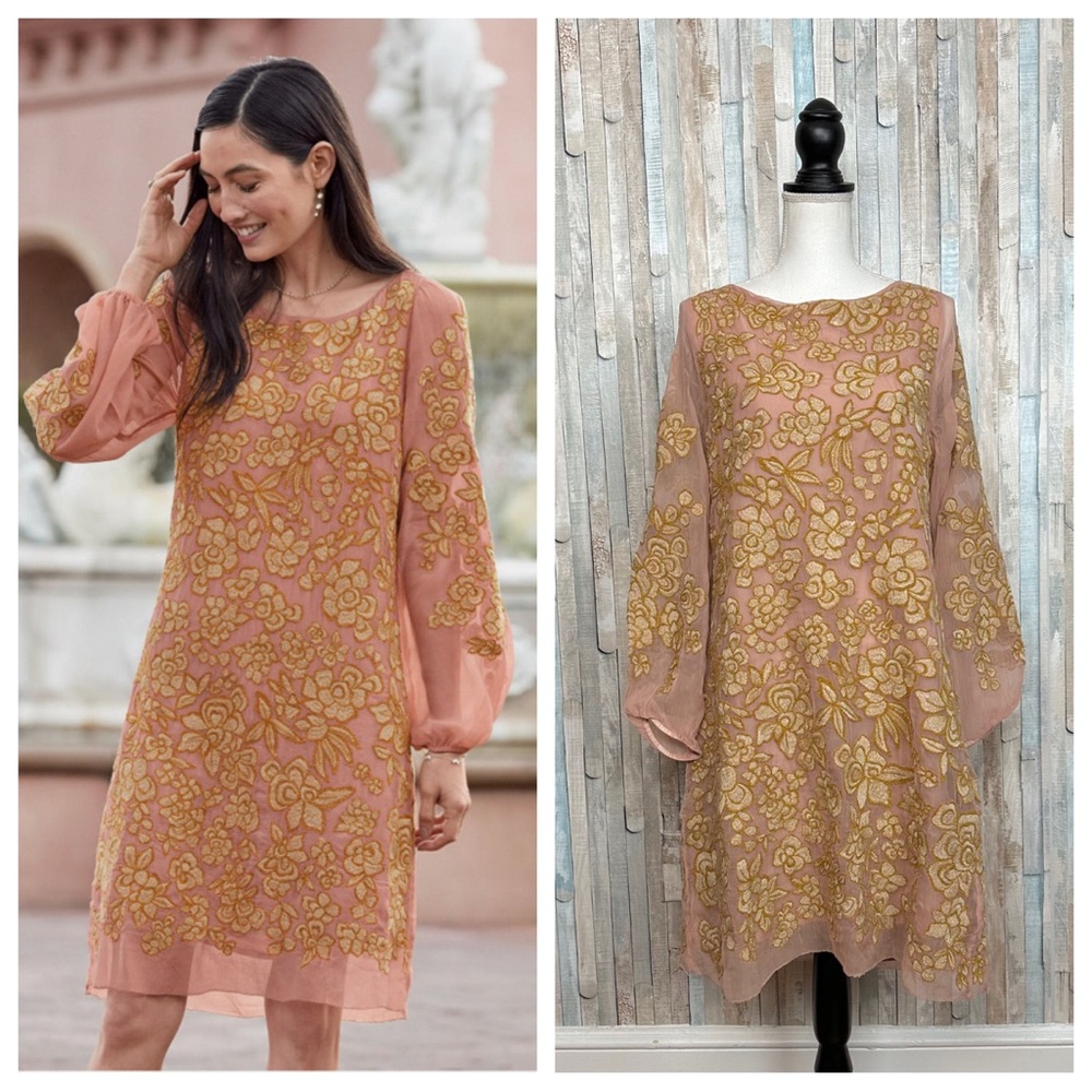 Sundance L Pink Gold Floral Embroidered Bix Shift Dress Cocktail Party Boho